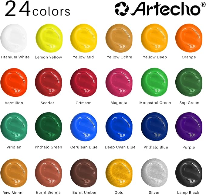 Artecho Acrylic Paint Set 24 Colors 2oz/59ml with 12 Brushes, Art Supplies | Permanent rich pigment non-toxic craft kit for canvas, fabric, rock, wood, ceramic, Great gift for adults & beginners