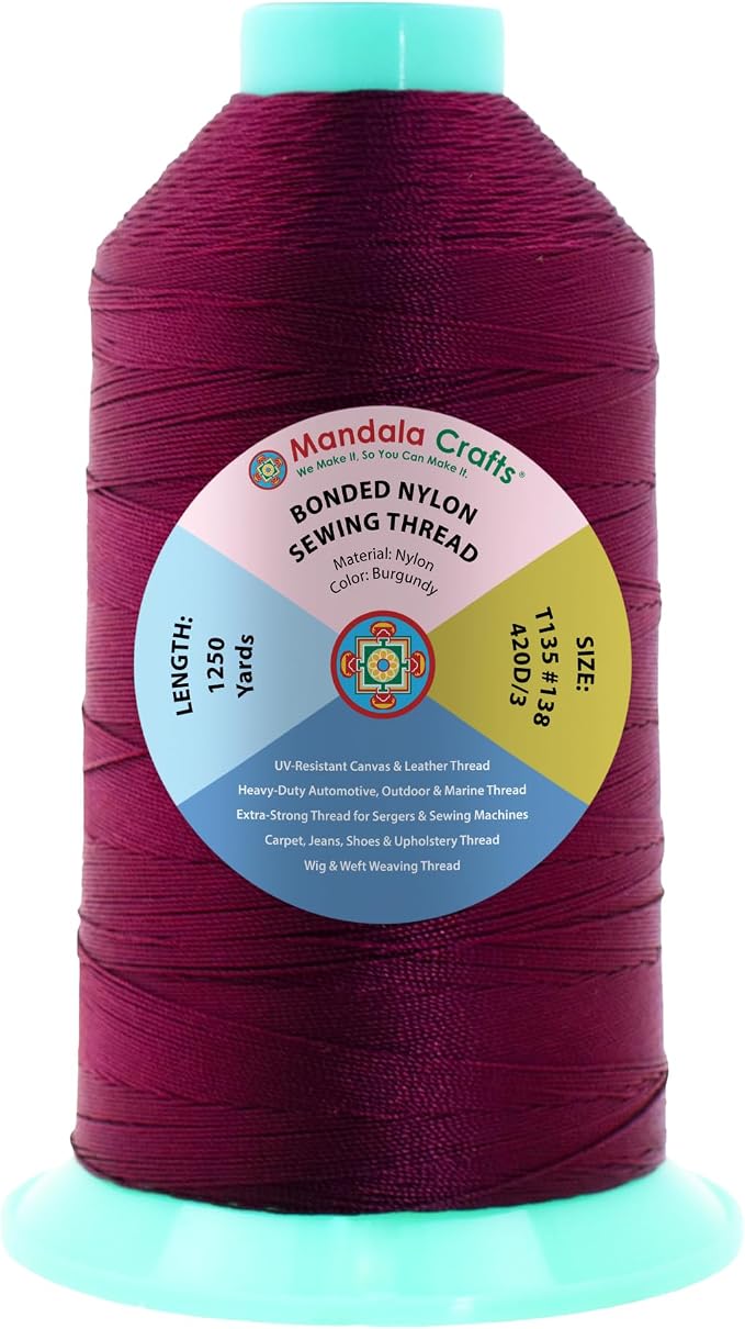 Mandala Crafts Size 138 420D T135 Burgundy Bonded Nylon Thread, 1250 YDs