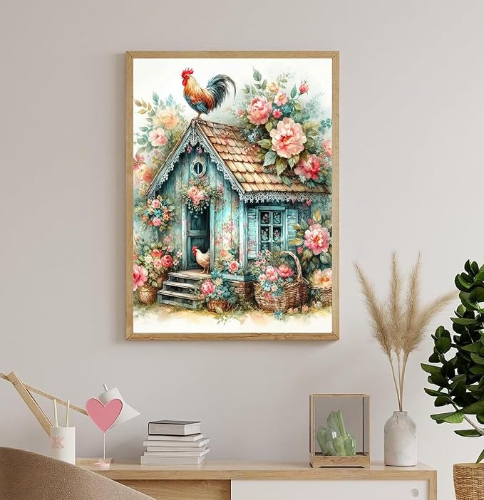Accompany Wind Chicken Coop Diamond Art Kits for Adults, 5D Diamond Painting Kits for Beginners,DIY Round Full Drill Diamonds Gem Art Crafts for Home Wall Decor Gifts 12x16 Inch