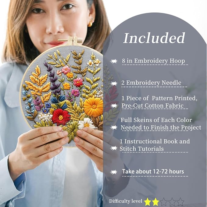 FONNUY Floral Embroidery Kit for Beginners, Colorful Flowers Pre-Stamped Pattern Kits for Adults with Hoop, Thread Needlework, 8'' Hoop (Daisy)