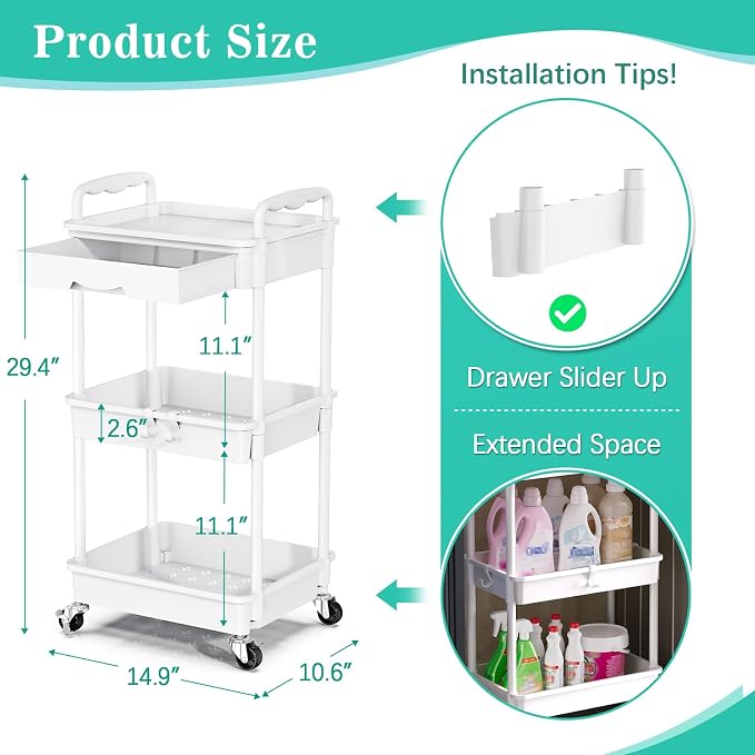 SUNALLY 3 Tier Rolling Cart with Drawer, Craft Storage Cart Organizer,White