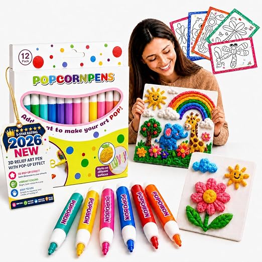 Popcorn Pens, 12PCS 3D Bubble Drawing Pen for DIY Artwork | Heat Activated Puff Paint, Raised Texture Craft Tool for Creative Painting, Coloring, Scrapbooking and Handmade Projects，12 Color