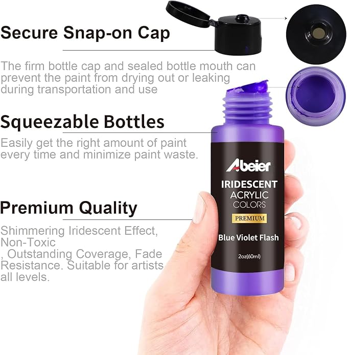 ABEIER Iridescent Acrylic Paint Set, 18 Colors x 2 oz, Non-Toxic | Non-toxic, chameleon color shift, shimmery metallic finish, rich pigments, smooth blending, waterproof when dry