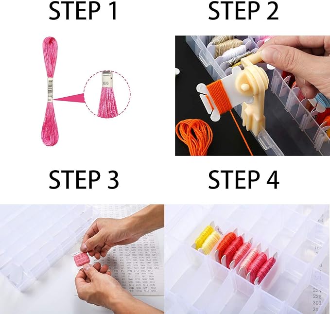 Epesl Embroidery Floss Organizer Box Tools - Bobbin Winder, 1 Removable 36 Compartments with 120 Floss Bobbins and Stickers for Craft DIY Cross Stitch Thread Sewing Bead Jewelry Diamonds Storage