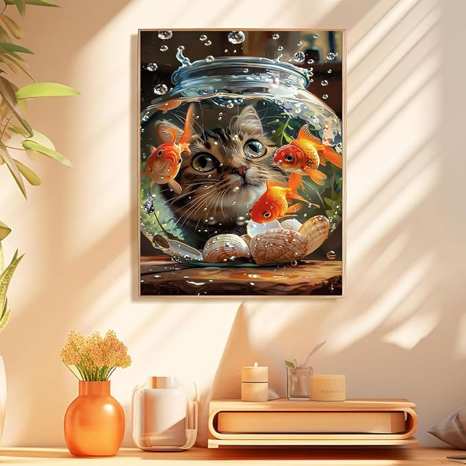 Cat Goldfish Paint by Numbers Kit for Adults Framed Canvas, Frameworkless | Easy Adult Paint by Number Kits on Canvas DIY Cat Goldfish Painting for Beginners Art by Numbers for Home Wall Decor 12X16 in