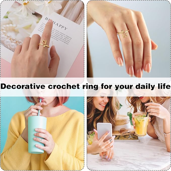 6 Pcs Crochet Rings for Finger Adjustable Crochet Knitting Loop Accessories Metal Yarn Guide Finger Holder Rings, Knitting & Crochet Supplies for DIY Crafts, 4 Colors