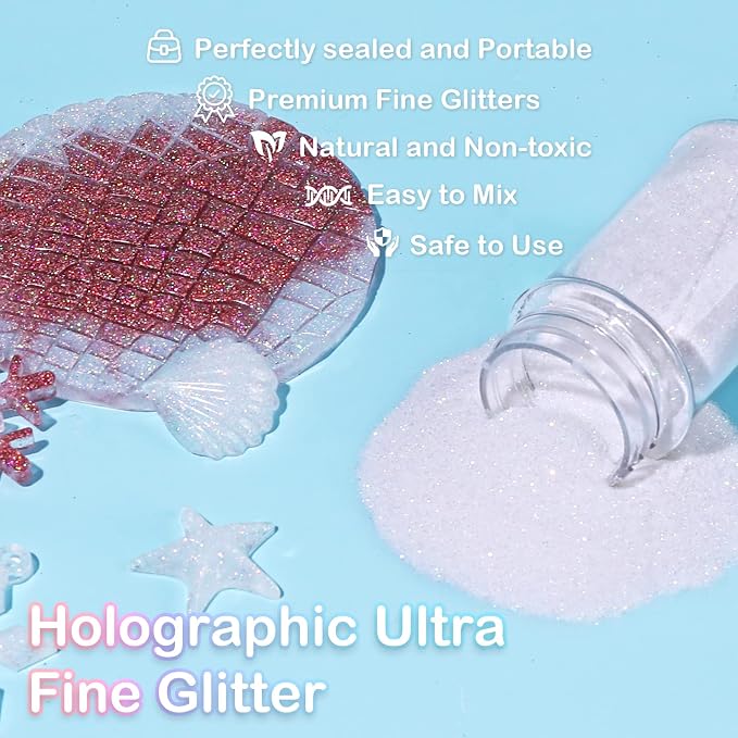 HTVRONT White Glitter for Crafts and Arts- 1.7oz/50g Fine Glitter Powder | Holographic Craft Glitter for Resin, Jewelry, Keychains, Paint, Candle, Slime Add Ins, Cosmetic Glitter for Nail Body