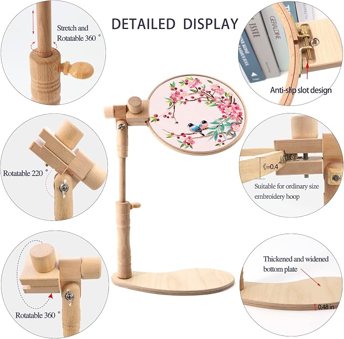 ZOCONE Beech Wood Embroidery Hoop Stand with 2 Pcs 6'' 8'' Embroidery Hoops | Natural Wooden Adjustable Rotated Embroidery Stand, Embroidery Hoop Holder for Cross Stitch and Embroidery Project