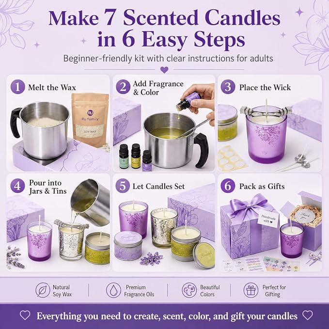 RU HANDMADE DIY Candle Making Kit for Adults – Soy Wax Candle Kit for Beginners, Make 7 Full-Size Candles with 7 Gift Boxes, 1120g Wax, 7×10ml Fragrance Oils, 4 Glass 7oz Jars & 3 Tins