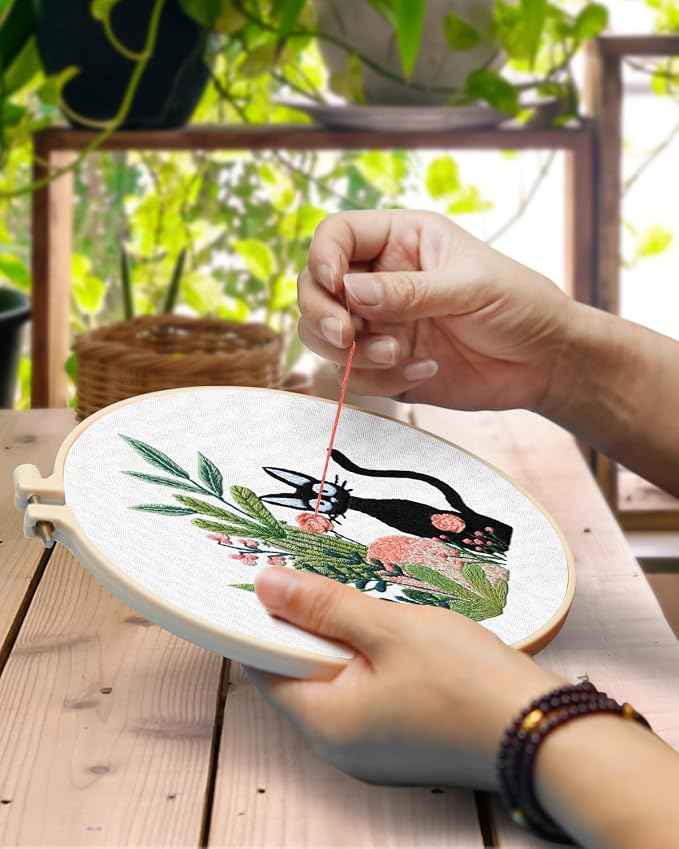 TINDTOP Embroidery Kit for Beginners Adult, Cat Embroidery Kit | Include Embroidery Cloth Hoops Threads for Craft Lover Hand Stitch with Embroidery Skill Techniques