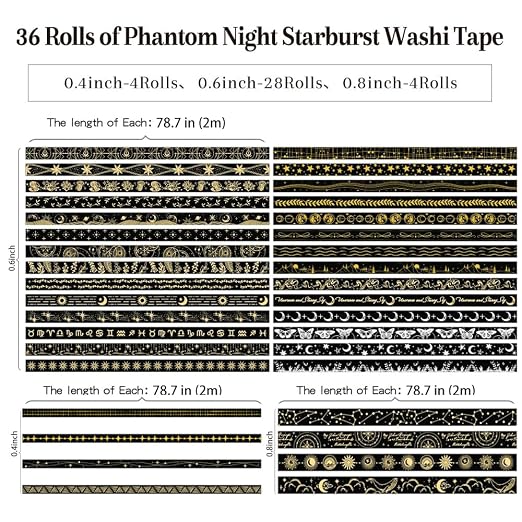 icceemee 36 Rolls Starry Theme Washi Tape Set with Celestial Patterns - Writeable Decorative Tapes for Scrapbooking, Junk Journal Supplies, Bullet Journaling 0.6" x 79" per Roll