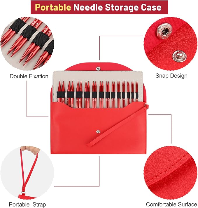 Aeelike 13 Pairs Interchangeable Knitting Needles Set 3-10.0mm, Cherry Red | Aluminum Interchangeable Knitting Needles with 4 Cables, Smooth Complete Needles Set for Socks Blankets Sweaters, Ideal Gift