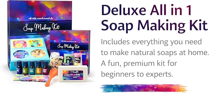 Soap Making Kit for Adults, Make Your Own Soap with Melt & Pour - DIY | Gentle soap supplies 6 Essential Oils Silicone Soap Mold Spoon Dried Flowers 1.5lbs Goats Milk Soap Base, 4 Dyes, Labels