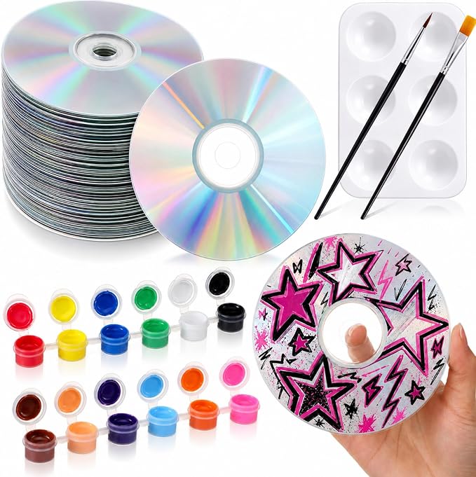 Sabary 29 Pcs DIY CD Painting Kit Painting Gift Includ 24 Pcs 4.72'' Blank Cds 12 Colors Acrylic Paint with 2 Brushes Ideal for CD Art Craft Kit for Creative Projects Home Decor Activities