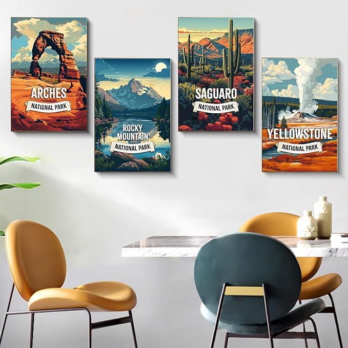 4 Pack Framed Paint by Numbers Kit for Adults with Wooden Easel 8x12 Inch | National Park, With Frame Canvas, For Adults Beginner, DIY Acrylic Painting, Stress Relief Craft Kits, Home Wall Decor Gift