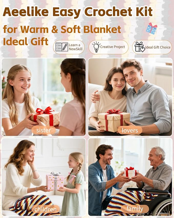 Aeelike Crochet Blanket Kit for Beginners, Colorful Mosaic Stripe,42PCS