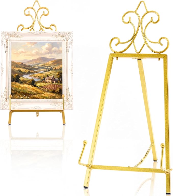 Pinkunn 19.1" H x 8.6" W Vintage Gold Metal Tabletop Easel Stand for Sign Display, Picture Holder for Wedding Table Decorations Art Stand for Painting Photos Books and Decorative Plates Pretty Easel