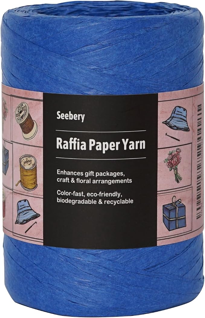 Raffia Ribbon Yarn for Crafts - Raffia Grass Twine for Gift Wrapping, DIY Decoration, Blinds & More | Matte String Paper Rope - 1/4'' Wide, 109 Yards, Blue