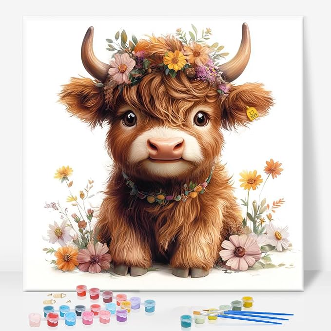 GEEHEIY Framed Paint by Numbers Kit for Adults, Highland Cow, 10 x 10 Inch | DIY Adult Paint by Number Kit for Beginners, Farmhouse Wall Decor, Stress Relief Craft Gift, Creative Hobby