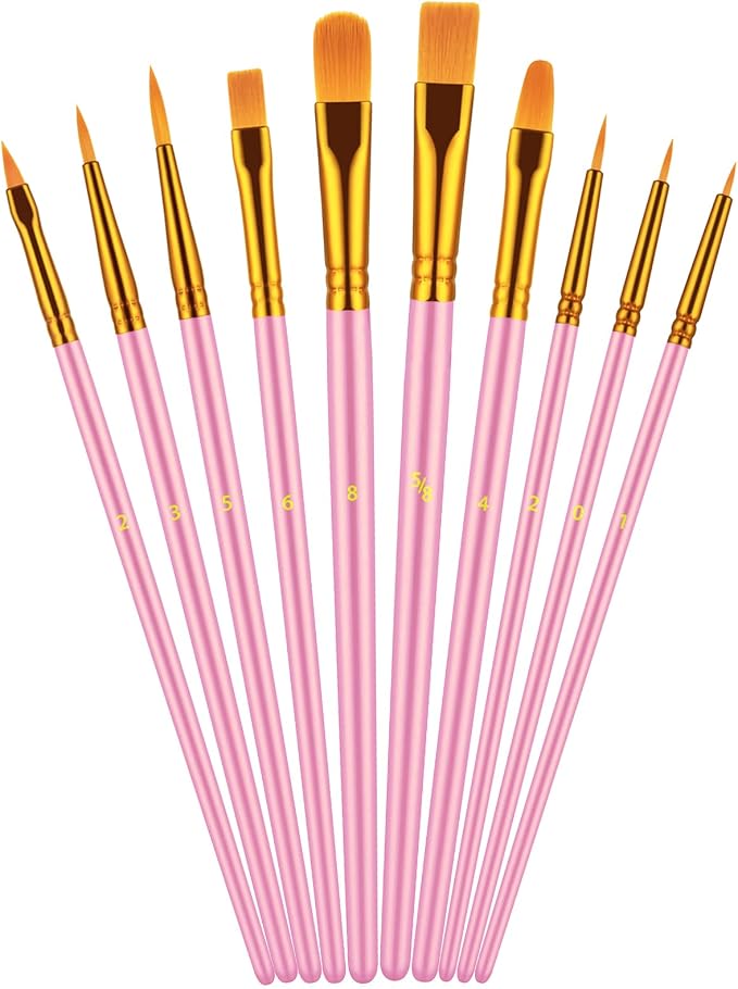 Artstorys 10Pcs Paint Brush Set, Small Round Detail Tips, Pink | Made with nylon hair & wooden handles. Ideal for acrylic, oil & watercolor, canvas, rock & face painting, adult art supplies