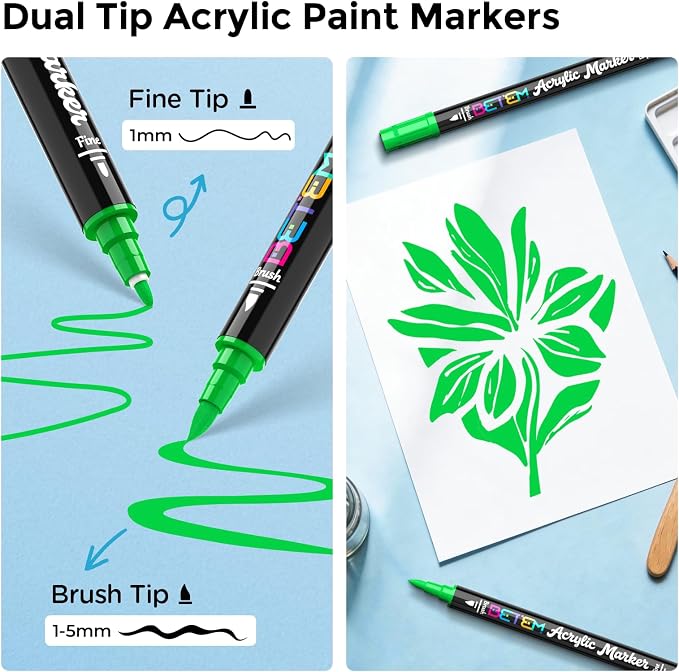 Betem 2 Paint Markers for Glass, Dual Tip Acrylic Paint Pens, Green | Window, Fabric, Wood, Rock, Canvas, Acrylic Markers with Fine & Brush Tip, Art & Craft Supplies, Wine Glass Markers