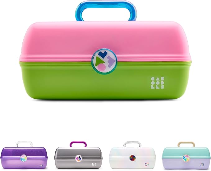 Caboodles On-The-Go Girl Makeup Box, Two-Tone Pink on Neon Green, Hard Plastic Makeup Organizer Box, Built-In Mirror, Secure Latch for Safe Travel, Spacious Storage for Large Items