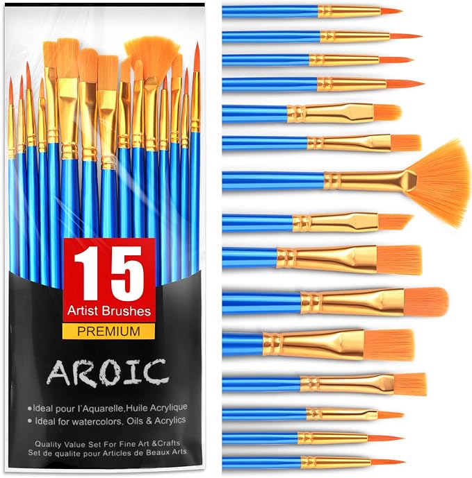 AROIC Acrylic Paint Brush Set, 15 pcs Nylon Hair Paint Brushes | All Purpose Oil Watercolor Face Body Rock Painting Artist, Small Painting Brush Kits for Kids Adult Drawing