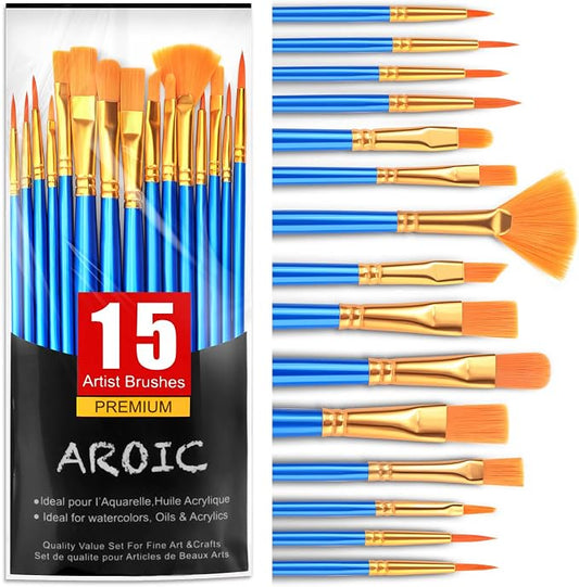 AROIC Acrylic Paint Brush Set, 15 pcs Nylon Hair Paint Brushes | All Purpose Oil Watercolor Face Body Rock Painting Artist, Small Painting Brush Kits for Kids Adult Drawing
