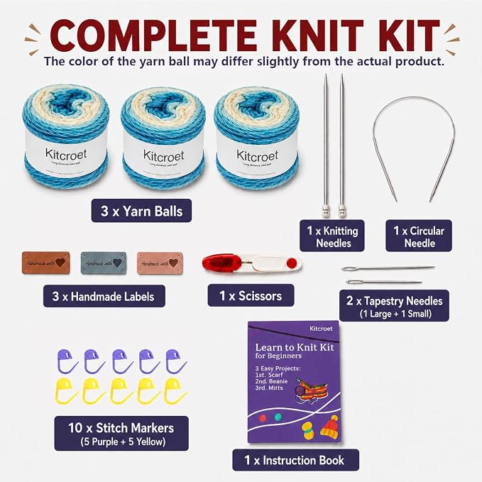 Knitting Kit for Beginners, Complete Starter Kit for Scarf, Hat, Gloves | Kitcroet Knitting Kit Video Tutorials & Written Guide; 2 Types of Needles & Knitting Accessories; 25% Extra Yarn Included