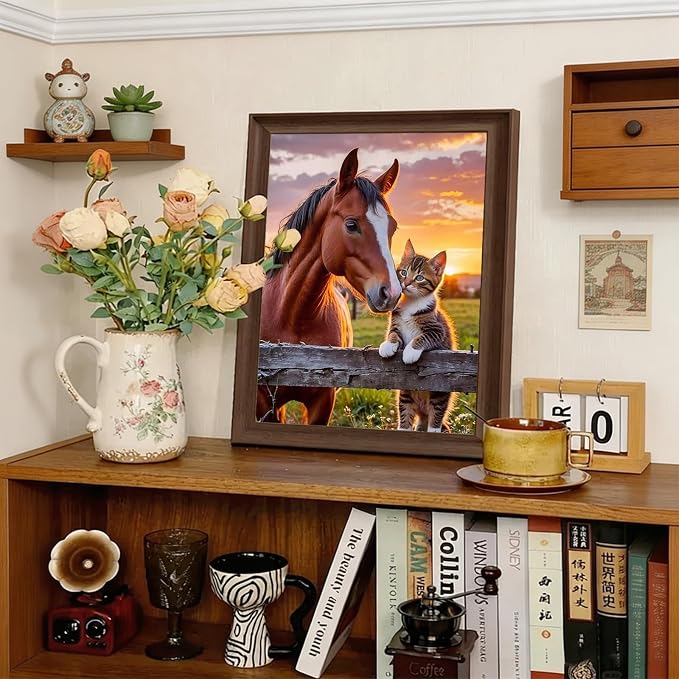 5D Horse and Tabby Kitten Diamond Art kits for Adults Beginners 12x16inch | Sunset Farm Diamond Painting Kit DIY Full Round Drill Paint by Diamonds Dot Gem Art for Adult, Home Wall Decor