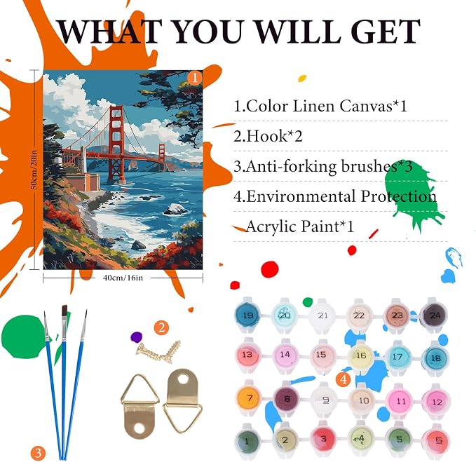 Paint by Numbers Kit for Adults Beginner 16x20 Inch, Golden Gate Bridge | DIY Acrylic Painting by Numbers San Francisco Scenery, Without Frame Canvas, Stress Relief Craft Kits, For Home Decor Gift