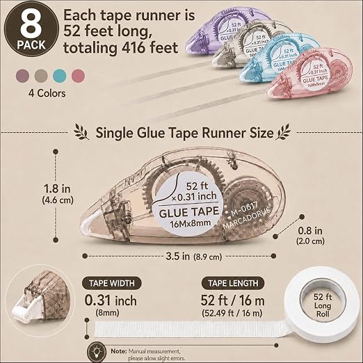 MARCADORUS Double Sided Tape Roller, Scrapbook Tape Runner Extra Long 52Ft | 52Ft x 0.31In Per Roller, 416Ft Total, Permanent, Acid-Free, Adhesive Photo Tape for Scrapbooking, Journaling & Paper Crafts