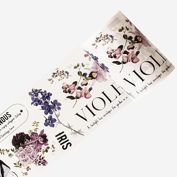 WT Pre-Cut Violet Veil Wide Washi Tape, Single Roll, Soft Lilac Florals & Misty Backgrounds with Script, Decorative Japanese Paper for Journaling, Scrapbooking, Planner, DIY Crafts, 65mm x 5m