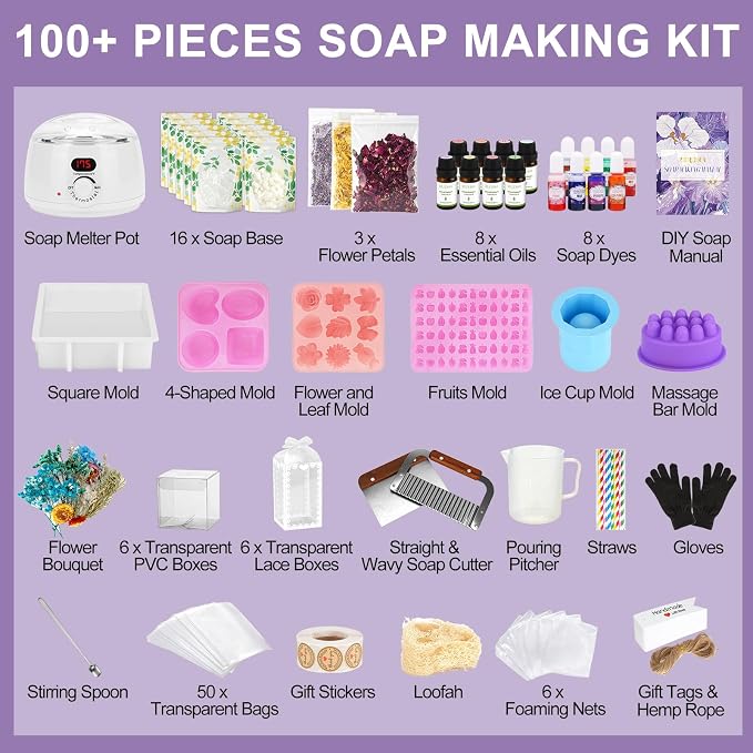 Soap Making Kit for Adults & Beginners, DIY Soap Making Supplies | 5.3lb Soap Base, Soap Melter, 2 Cutters, 8 Essential Oils & Dyes, 6 Silicone Molds, Gift Packaging, Handmade Craft Gift Set