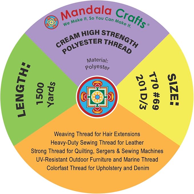 Mandala Crafts Cream Tex 70 Polyester Heavy Duty Thread for Upholstery | 1500 Yds T70 UV Resistant Strong Thread for Leather Sewing, Marine, Drapery, Jeans, Hair Weaving & Extension, Outdoor