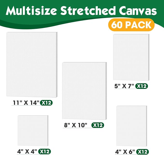 ESRICH Stretched Canvas for Painting, 60 Pack Multi Size11x14, 8x10, 5x7, 4x6, 4x4, Blank Primed Canvases for Oil & Acrylic Painting, Painting Canvas Supplies for Beginners, Artists(12 of Each).