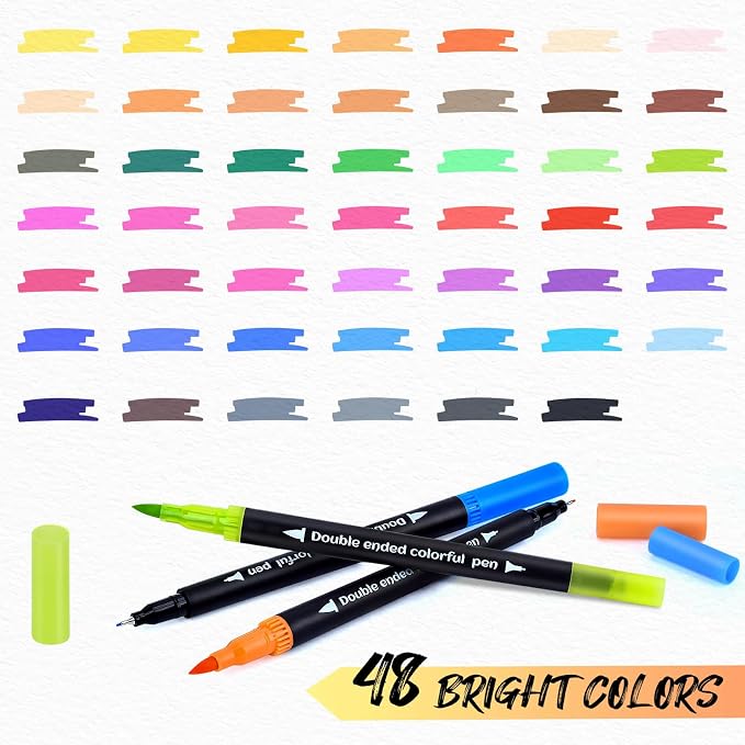MIN CI 48 Colors Markers, Dual Tip with Fine Tip and Brush Tip Pens for Adult Coloring Book, Dual Brush Coloring Markers, Art Supplies Marker s Kit for Calligraphy, Drawing, DIY Crafts