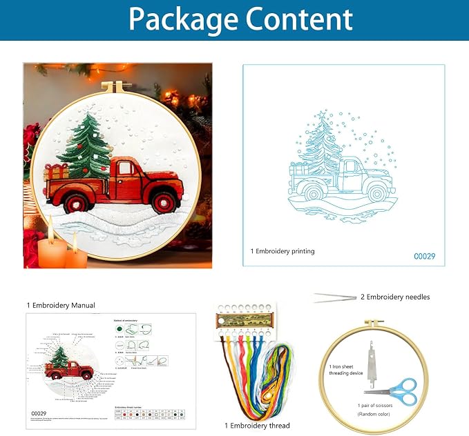 Zhenqing Christmas Red Truck Embroidery Kit for Beginners, Tree and Gifts Needlework Kit with Pre-Printed Fabric, Hoop, Threads & Tools (C0029)