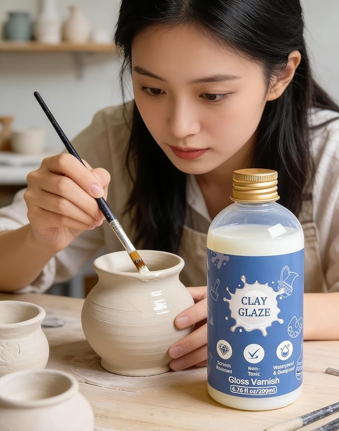 Air Dry Clay Varnish, 200ml Gloss Polymer Clay Glaze, Prevent Clay Cracking, Scratch Resistant, Waterproof, for Pottery, Crafts, Oil Paintings, Clay Sealant with Brush & Measuring Cup