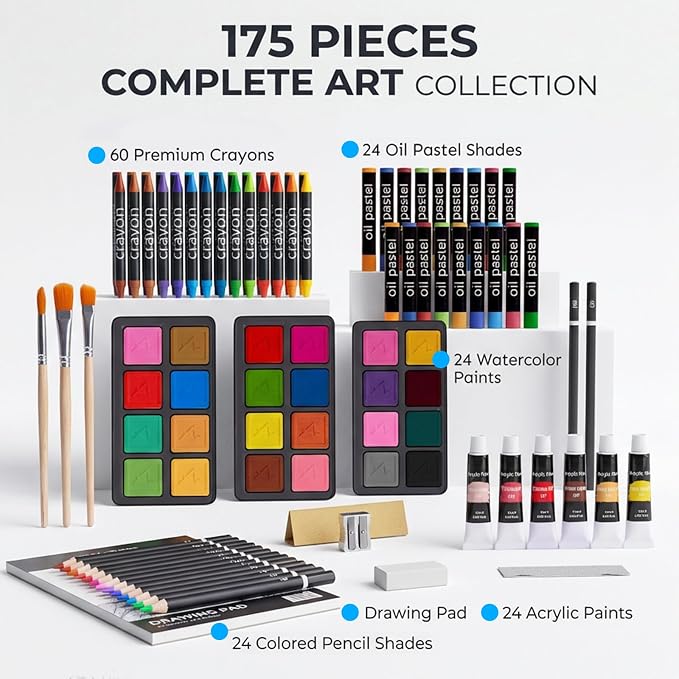 175-Pack Deluxe Wooden Art Set Drawing Painting Kit with 2 Drawing Pads, Acrylic Paints, Colored Pencils, Crayons, Paint Brush, Art Kit in Wooden Case, Gift for Artist, Adults, Teens and Kids
