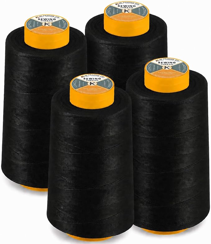AK Trading 4-Pack Black All Purpose Sewing Thread Cones (6000 Yards Each) of High Tensile Polyester Thread Spools for Sewing, Quilting, Serger Machines, Overlock, Merrow & Hand Embroidery.
