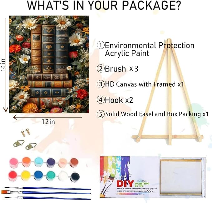 Clendo Book Paint by Numbers Kit for Adults Beginner, Flower Framed Adult's Paint by Number Kits with Easel, DIY Oil Painting Kits for Gift Home Wall Decor 12x16 Inch