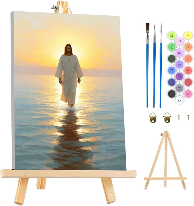 MAXBYE Framed Paint by Numbers Kits for Adults, Jesus Paint by Numbers Kit for Adults with Wooden Easel, Easy DIY Oil Painitings Kits with Tools for Beginners Gift Home Wall Decor 10×14 Inch