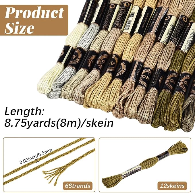 12 Skeins 105 Yards 6 Ply Brown Embroidery Thread Assorted Gradient Bulk Friendship Bracelet String Variegated Cross Stitch Yarn Polyester Floss Set for Crochet Hand Sewing Knitting Crafts
