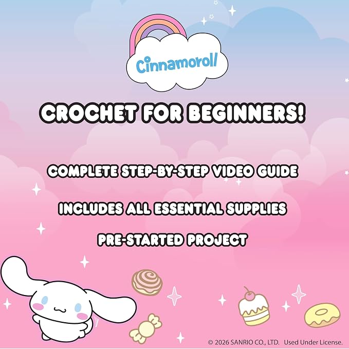 Hello Kitty® and Friends Crochet Kit – Cinnamoroll™ Bag Charm, Sanrio Crochet Kit for Beginners with Yarn, Starter Hooks, Step-by-Step Tutorials, DIY Craft, Great Teen Gifts