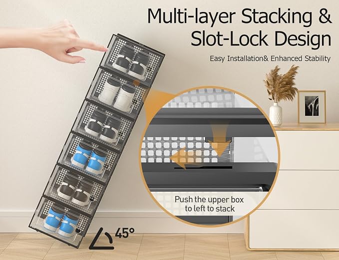 Kuject XXX-Large Shoe Storage Boxes 12 Pack, Clear Stackable Shoe Organizer