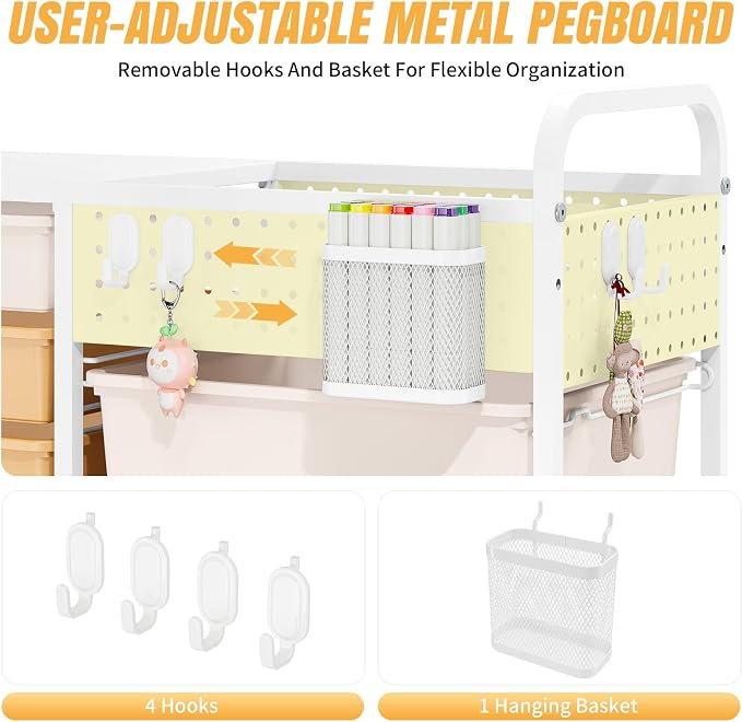 14 Drawer Rolling Storage Cart with Tabletop and Pegboard for Craft Color | Easy Setup, Large Capacity, Sturdy Build, Smooth Mobility, For classroom, office and dorm supplies