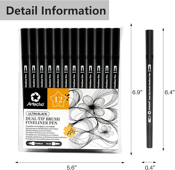 Artecho 12pcs Black Colors Dual Tip Markers for Drawing | Drawing Pens For School, Fine and Brush Tip, Calligraphy, Drawing, Sketching