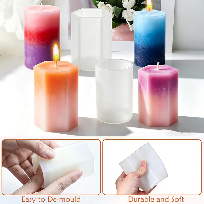 6PCS Reusable Silicone Candle Molds Set - Cylinder & Hexagon Resin Mold for DIY Candle Making, Soap, Resin Crafts, Easy Release Candle Making Kit