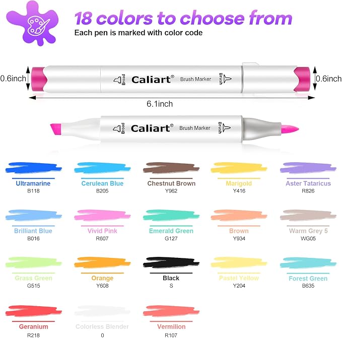 Caliart 18 Colors Alcohol Markers Brush & Chisel Art Markers for Adults | Dual Tips Alcohol-based Art Pens for Artist Beginners Hobbyists, Coloring Book Illustration Sketch Drawing Art Supplies Gifts